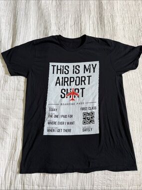 Black Tee with Boarding Pass Print/Plane “This Is My Airport Shirt”